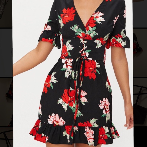 PrettyLittleThing Dresses & Skirts - Black Corset Floral Swing Dress